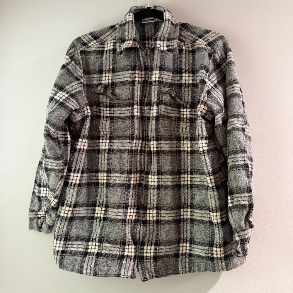 Vintage Xhilaration Zip Up Flannel Jacket Womens Med Gray Plaid Cotton Shacket